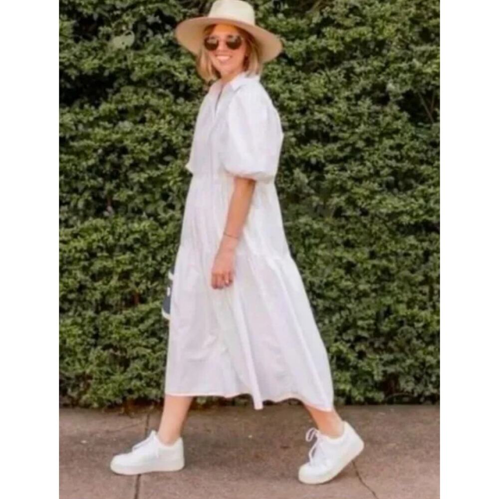 Anthropologie AMADI Cordelia Tiered Midi Shirtdress White Natural Minimalist L